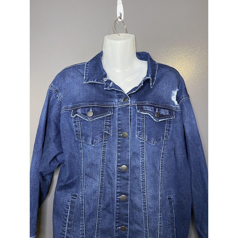 Max Jeans Jacket Womens Medium Blue Long Denim Button Front Distressed Pockets